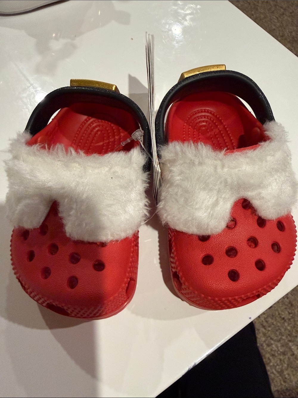 CROCS Kids Red Clogs with White Faux-Fur Trim